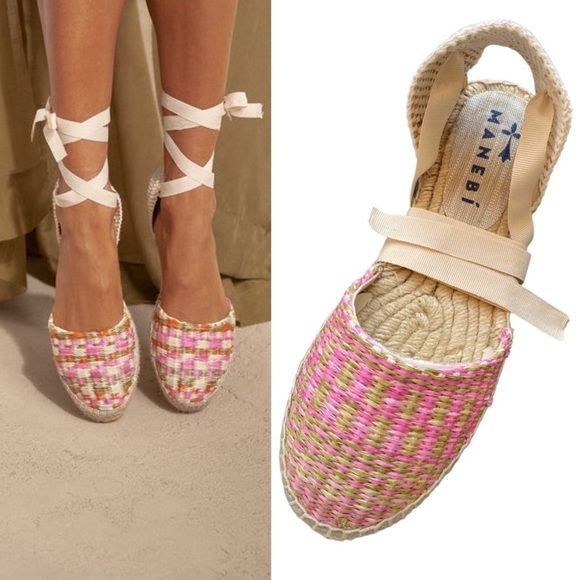 Manebi Raffia Stripes Flat Valenciana Espadrilles Yucatán Pink and Green - Picture 1 of 13